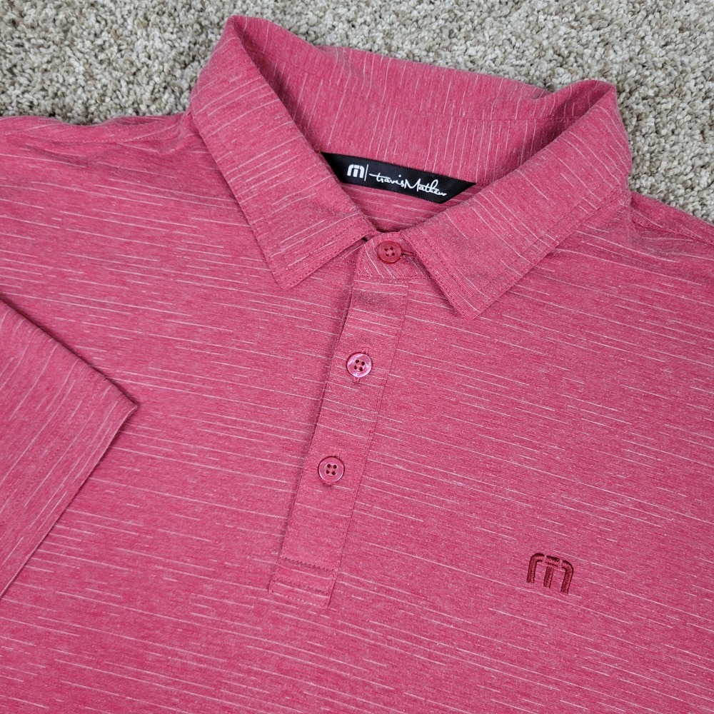Travis Mathew Mens Large Red Striped Performance Stretch Golf Polo Short Sleeve